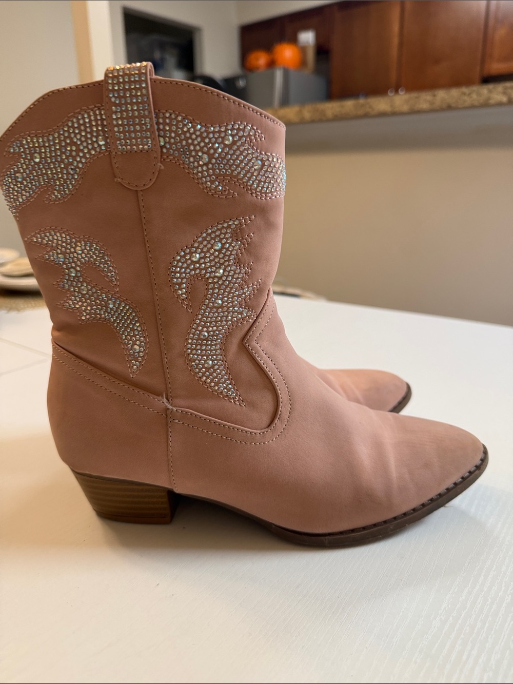 Link Pink Rhinestone Lace-Up Western Ankle Boots